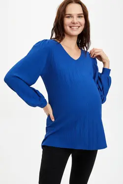 بلوز بارداری آستین بلند زنانه آبی منظم S1702AZ20AU - یاری شاپ