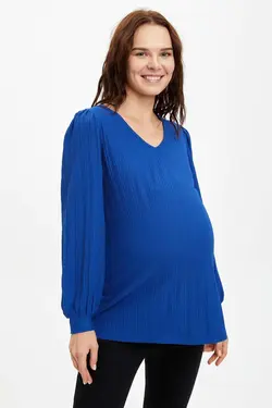 بلوز بارداری آستین بلند زنانه آبی منظم S1702AZ20AU - یاری شاپ