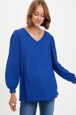 بلوز بارداری آستین بلند زنانه آبی منظم S1702AZ20AU - یاری شاپ