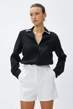 بلوز پارچه ابریشمی آستین بلند یقه سنگی زنانه 3sak60115cw - یاری شاپ