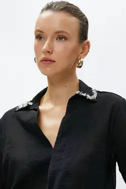 بلوز پارچه ابریشمی آستین بلند یقه سنگی زنانه 3sak60115cw - یاری شاپ