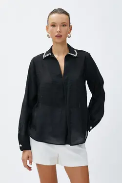 بلوز پارچه ابریشمی آستین بلند یقه سنگی زنانه 3sak60115cw - یاری شاپ