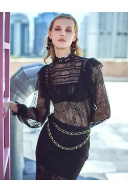 بلوز توری یقه بلند آستین بادکنکی سوخاری شفاف - یاری شاپ