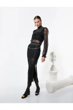 بلوز توری یقه بلند آستین بادکنکی سوخاری شفاف - یاری شاپ