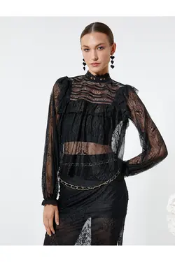 بلوز توری یقه بلند آستین بادکنکی سوخاری شفاف - یاری شاپ