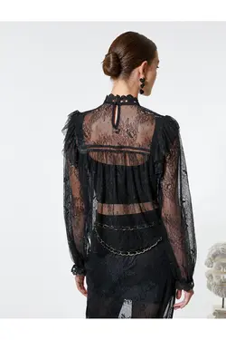 بلوز توری یقه بلند آستین بادکنکی سوخاری شفاف - یاری شاپ