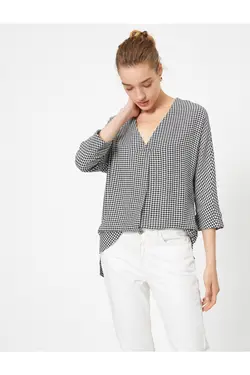 بلوز چهارخانه آستین بلند زنانه یقه V - یاری شاپ