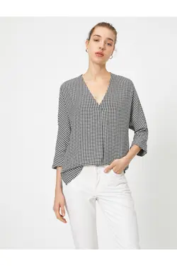 بلوز چهارخانه آستین بلند زنانه یقه V - یاری شاپ