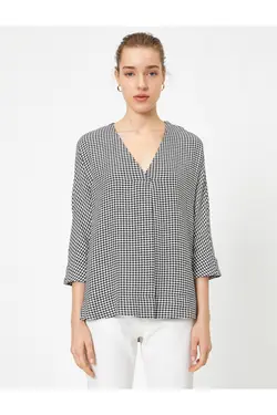 بلوز چهارخانه آستین بلند زنانه یقه V - یاری شاپ