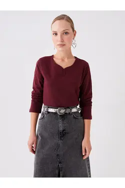 بلوز زنانه آستین بلند ساده یقه V LCW ECO - یاری شاپ