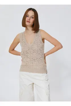 بلوز زنانه بژ یقه پولک دار 3sak30003ht - یاری شاپ