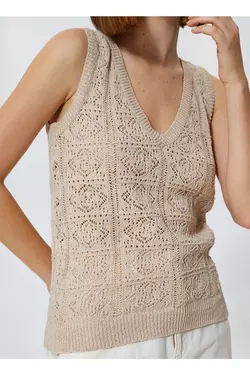 بلوز زنانه بژ یقه پولک دار 3sak30003ht - یاری شاپ