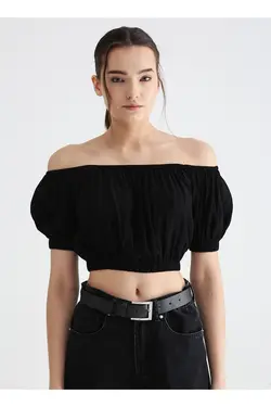 بلوز زنانه مشکی ساده یقه قایق 3sak60010pw - یاری شاپ