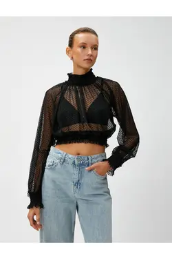 بلوز شیفون کراپ یقه بلند آستین بلند - یاری شاپ