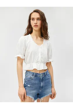 بلوز کراپ آستین بادکنکی یقه V-Rafle دکمه دار نخی - یاری شاپ