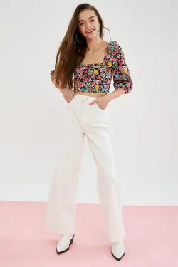 بلوز نیم بادکنکی یقه مربعی گلدار 100% پنبه - یاری شاپ