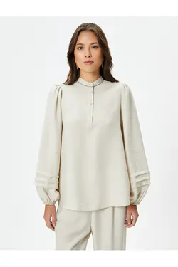 بلوز یقه باشکوه آستین بادکنکی دکمه دار ویسکوز آجدار - یاری شاپ