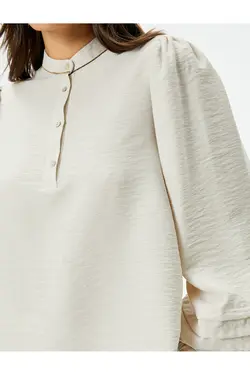 بلوز یقه باشکوه آستین بادکنکی دکمه دار ویسکوز آجدار - یاری شاپ