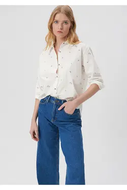 پیراهن آبی چاپ شده با تناسب معمولی / برش معمولی 1210610-85866 - یاری شاپ