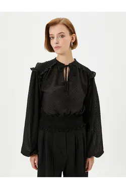 پیراهن آستین بادکنکی با پنجره با جزئیات گره خورده بافت - یاری شاپ