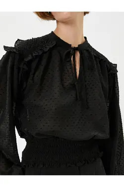 پیراهن آستین بادکنکی با پنجره با جزئیات گره خورده بافت - یاری شاپ