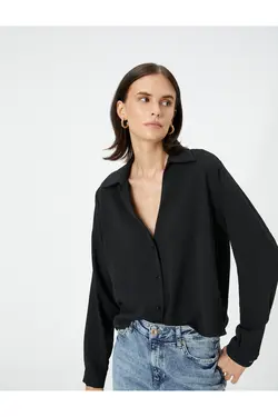 پیراهن آستین بلند با دکمه های بافت دار یقه V - یاری شاپ