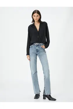 پیراهن آستین بلند با دکمه های بافت دار یقه V - یاری شاپ