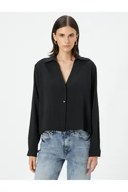 پیراهن آستین بلند با دکمه های بافت دار یقه V - یاری شاپ