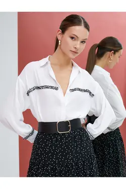 پیراهن آستین بلند با نوار توئید دکمه دار با جزئیات - یاری شاپ