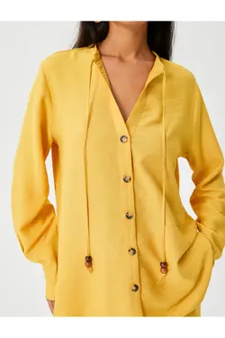 پیراهن آستین بلند دکمه دار ویسکوز ترکیبی جزئیات کراوات مهره دار - یاری شاپ