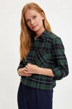 پیراهن آستین بلند زنانه با طرح مربع سبز با جیب S2130AZ20WN - یاری شاپ