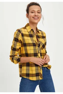 پیراهن آستین بلند زنانه طرح مربعی زرد R9720AZ20AU - یاری شاپ