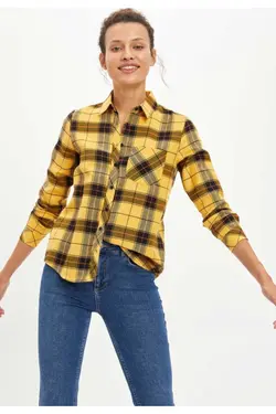 پیراهن آستین بلند زنانه طرح مربعی زرد R9720AZ20AU - یاری شاپ