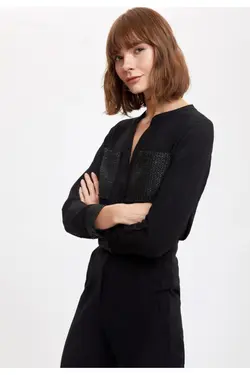 پیراهن آستین بلند زنانه یقه V مشکی قرمز S5414AZ20AU - یاری شاپ