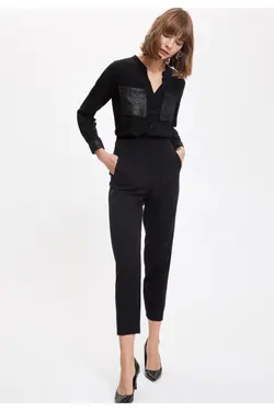 پیراهن آستین بلند زنانه یقه V مشکی قرمز S5414AZ20AU - یاری شاپ