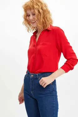 پیراهن آستین بلند قرمز تک جیب زنانه K5027AZ.19AU.RD70 - یاری شاپ