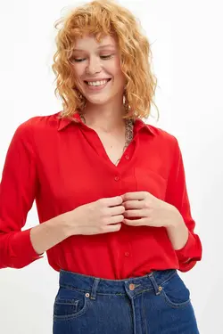 پیراهن آستین بلند قرمز تک جیب زنانه K5027AZ.19AU.RD70 - یاری شاپ