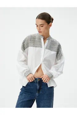 پیراهن آستین بلند یقه باشکوه دکمه دار با جزئیات توید - یاری شاپ