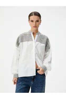 پیراهن آستین بلند یقه باشکوه دکمه دار با جزئیات توید - یاری شاپ