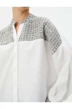 پیراهن آستین بلند یقه باشکوه دکمه دار با جزئیات توید - یاری شاپ