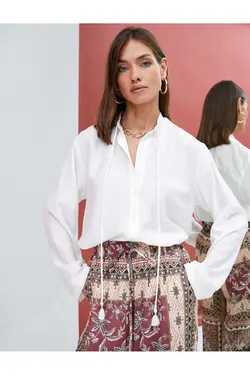 پیراهن آستین بلند یقه دکمه دار با جزئیات کراوات - یاری شاپ