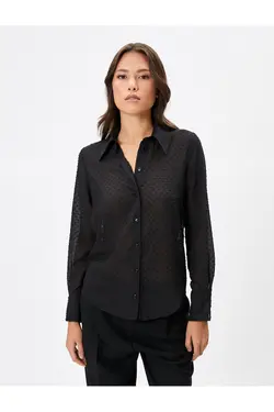 پیراهن آستین بلند یقه دکمه شفاف بافت با یقه منظم - یاری شاپ