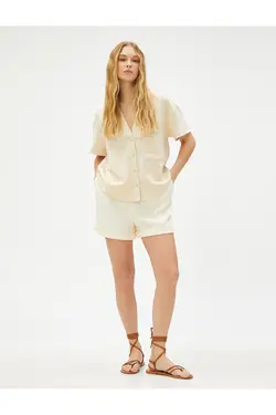 پیراهن آستین کوتاه با جیب ترکیبی کتانی - یاری شاپ