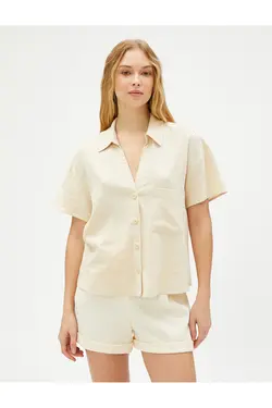 پیراهن آستین کوتاه با جیب ترکیبی کتانی - یاری شاپ