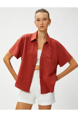 پیراهن آستین کوتاه با جیب ترکیبی کتانی - یاری شاپ