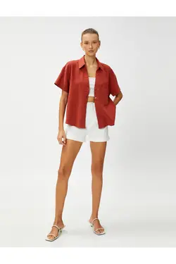 پیراهن آستین کوتاه با جیب ترکیبی کتانی - یاری شاپ