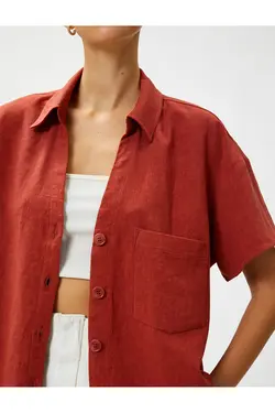 پیراهن آستین کوتاه با جیب ترکیبی کتانی - یاری شاپ