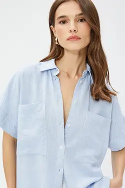 پیراهن آستین کوتاه زنانه کتانی جیبی 3sak60313pw - یاری شاپ