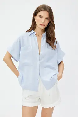 پیراهن آستین کوتاه زنانه کتانی جیبی 3sak60313pw - یاری شاپ