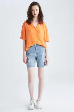 پیراهن آستین کوتاه یقه پیژامه با تناسب ریلکس - یاری شاپ